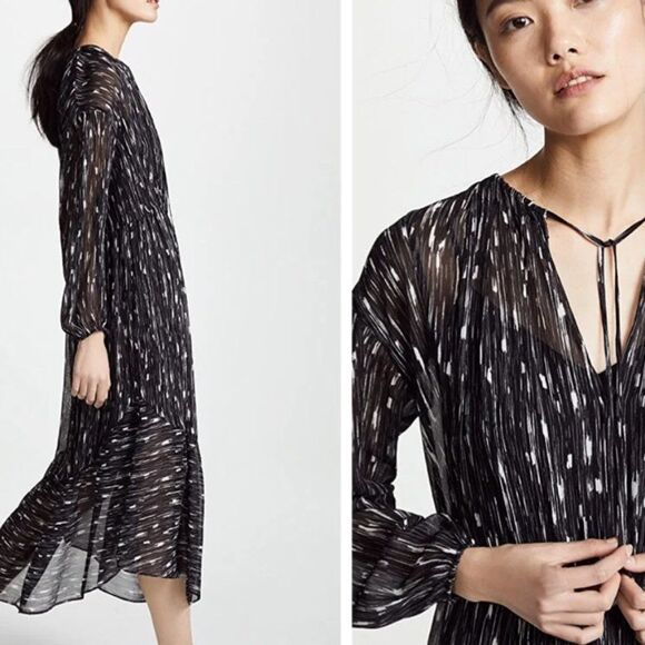 Vince Smocked Chiffon Abstract Silk Midi Dress sz Small Boho Romantic Goth Sheer - Picture 2 of 10